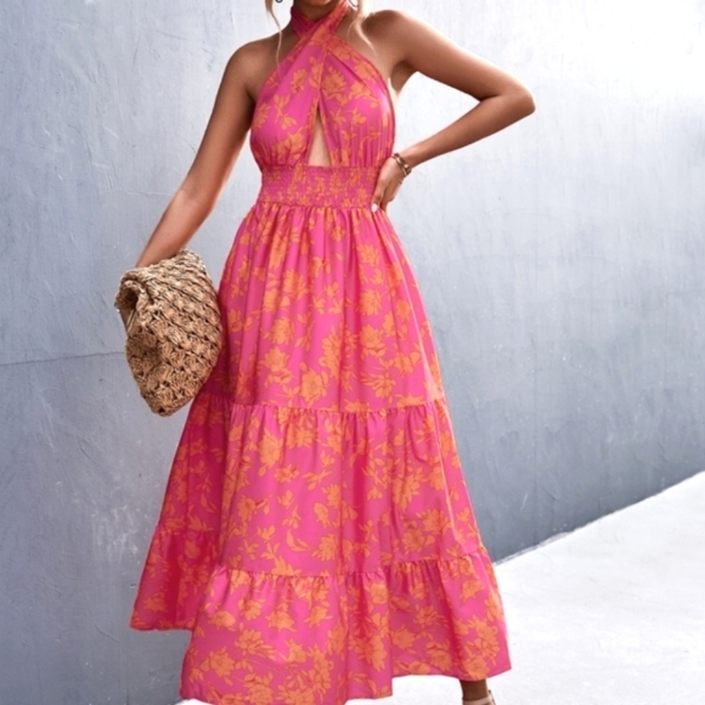 Cross Halter Maxi Dress Pink Orange Floral Summer Open Back Size S